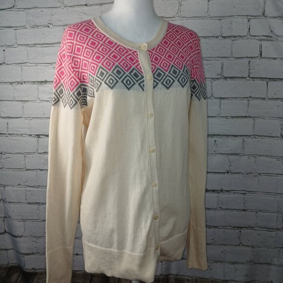 Merona Sweaters - NORDIC STYLE FAIR ISLE CARDIGAN BY MERONA, PINK AND GRAY GEOMETRIC DESIGN XL